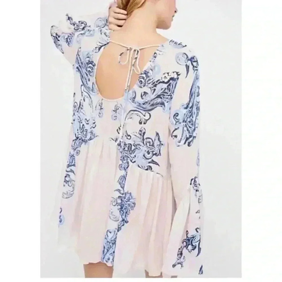 Free People Floral Symphony Slip Tunic Mini Dress with Bell Sleeves Size M - Picture 2 of 8